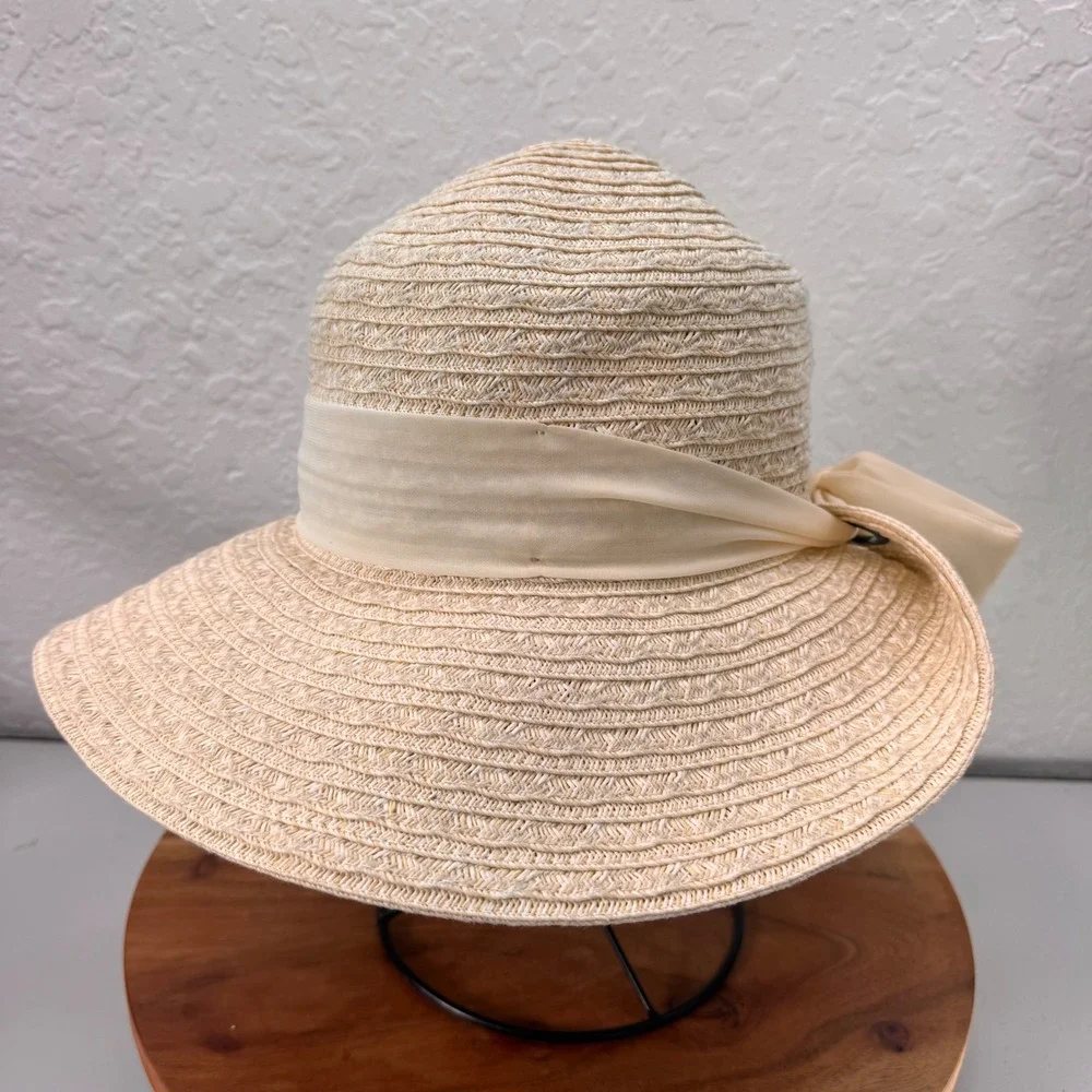 Nine West Womens Straw Sun Hat Cream Wide Brim Floppy Bow Accent RN 67508